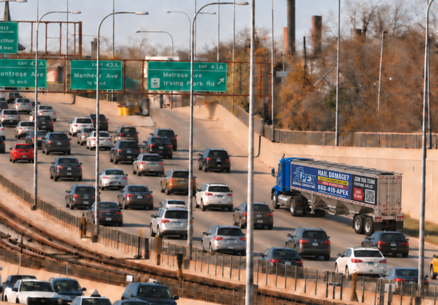 Apex General Contracting mobile billboard trailer traveling through Chicago